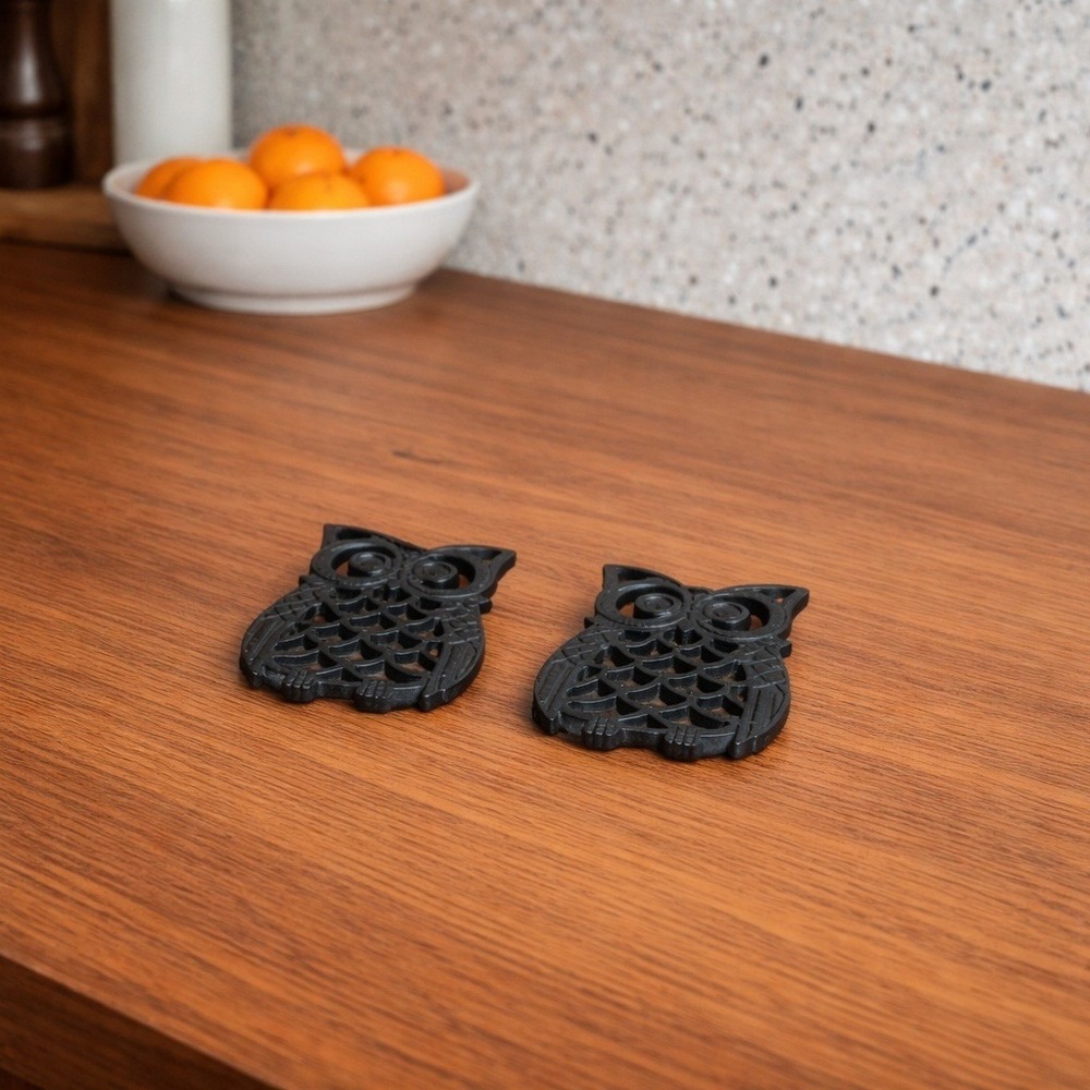 Vintage Black Cast Iron Owl‎ Trivet Set of 2 Mid Century Modern Kitchen Decor